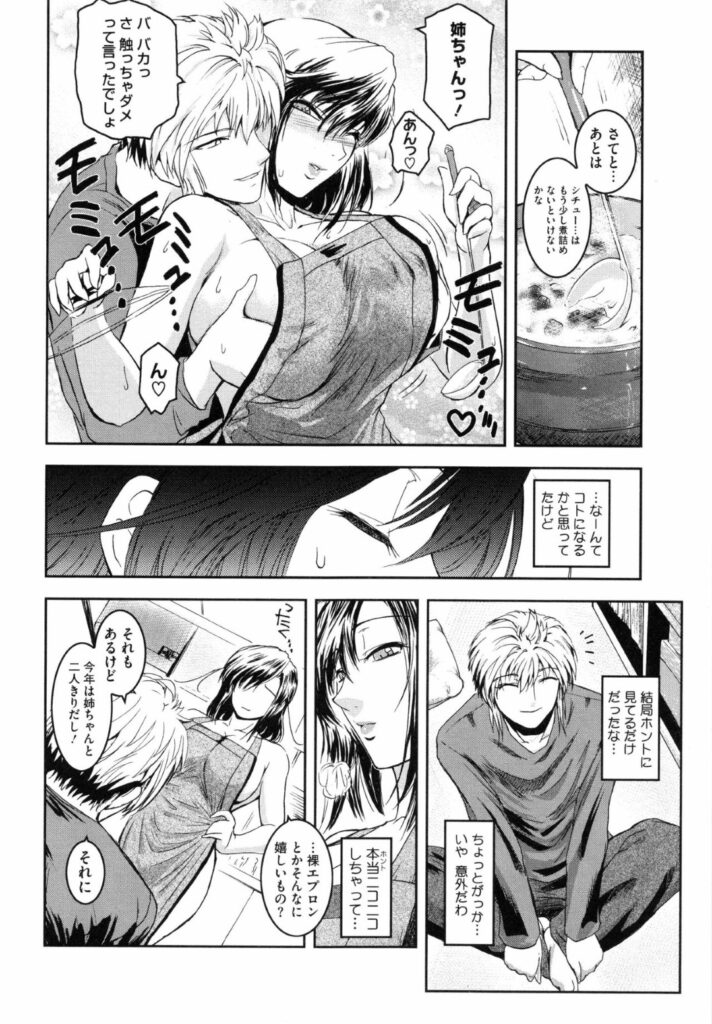 【エロ漫画】姉と同じの弟の誕生日に裸でエプロンを披露する姉…弟にパイズリフェラをしてヌイてあげると我慢できなくなり生ハメ騎乗位でそのままイチャラブをしちゃう【ここのき奈緒：あねかた。２．５】