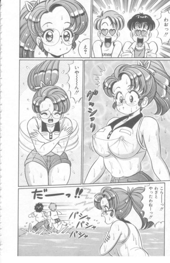 【エロ漫画】男子生徒と夏合宿の下見でHないたずらをされる巨乳女教師…川遊びで濡れた身体を拭いてもらう口実で2人の男子と3Pセックスでアクメイキ！【わたなべわたる：おしえてあげる♡】