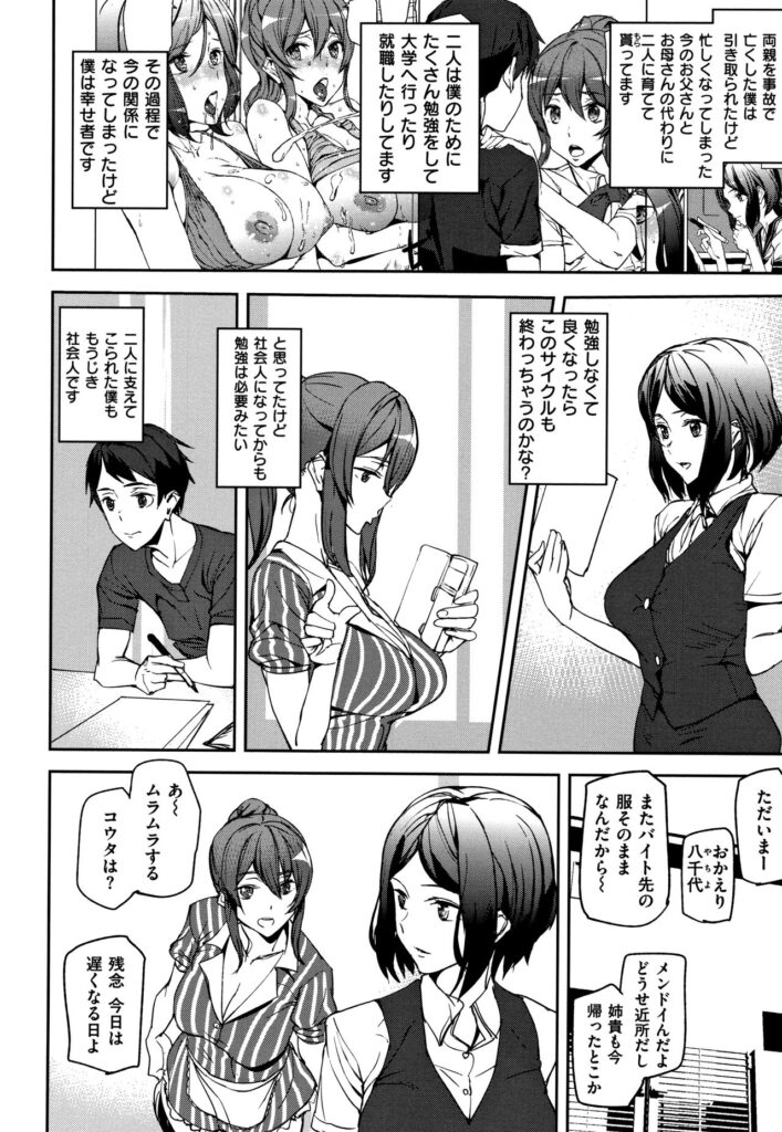 仕事で溜まったストレスを義弟の絶倫チンポで発散してもらう巨乳お姉さんたち…義弟のために頑張ってきたのにもうすぐ社会人になり家を出ることを考えると寂しくなりいつもより激しく抱いてもらい3Pいちゃラブ中出しセックス【アシオミマサト：Everyday Work】