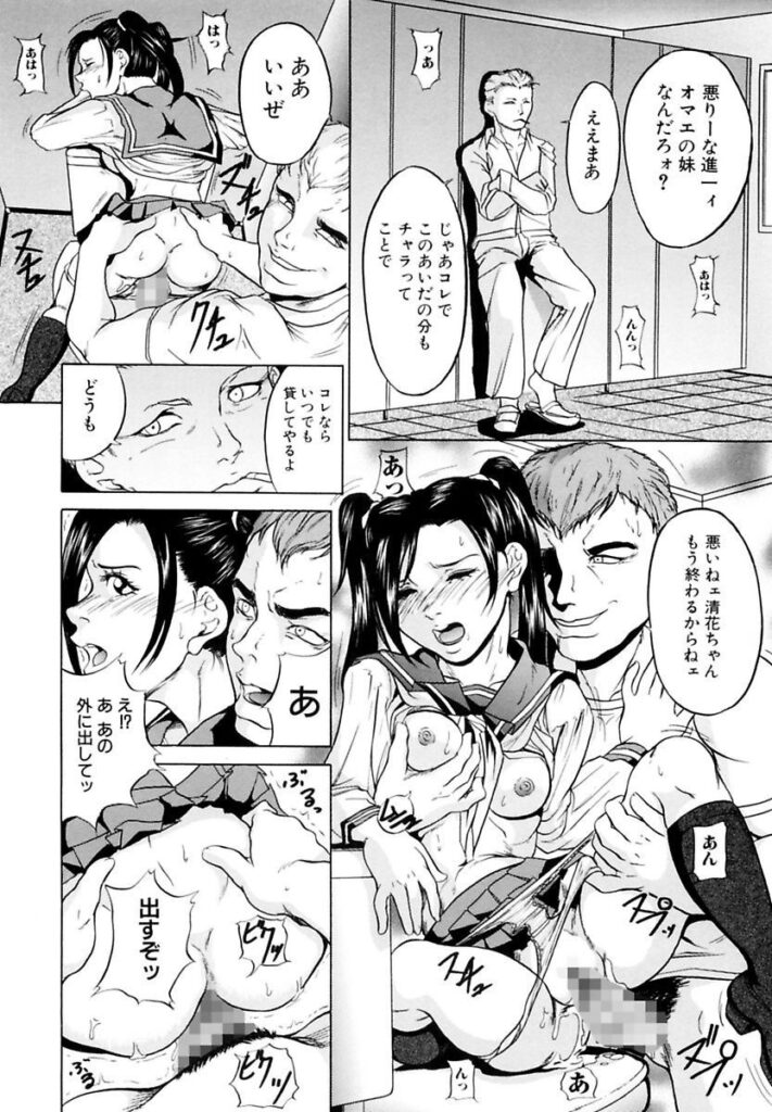 【エロ漫画】幼いころから兄に虐待を受けて調教されちゃう妹…兄にいわれるがまま他人棒を咥え生ハメ中出し輪姦レイプされちゃう【竹内玲於奈：援交兄妹】