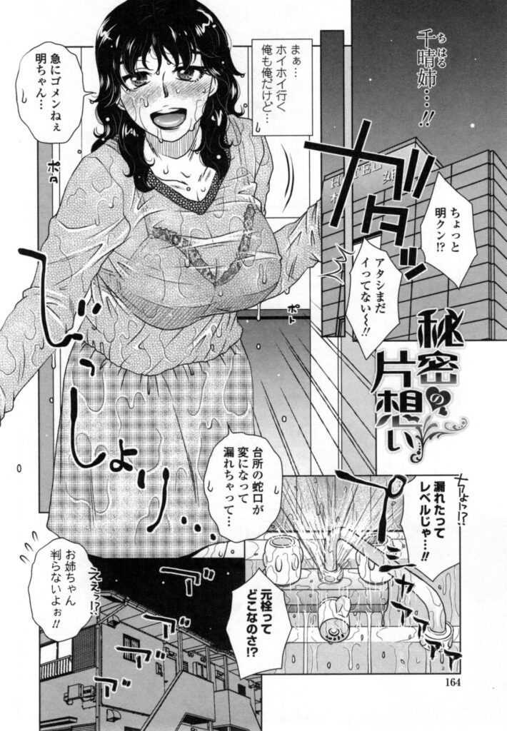 【エロ漫画】水道修理で呼ばれた幼なじみ彼と、台所の水漏れを確かめながら誘惑しちゃう巨乳のお姉さん…びしょ濡れの身体を拭いてあげるも勃起したチンポを見てご奉仕フェラをして生ハメ中出しセックスで淫乱堕ちしちゃう【胡桃屋ましみん：秘密の片思い】